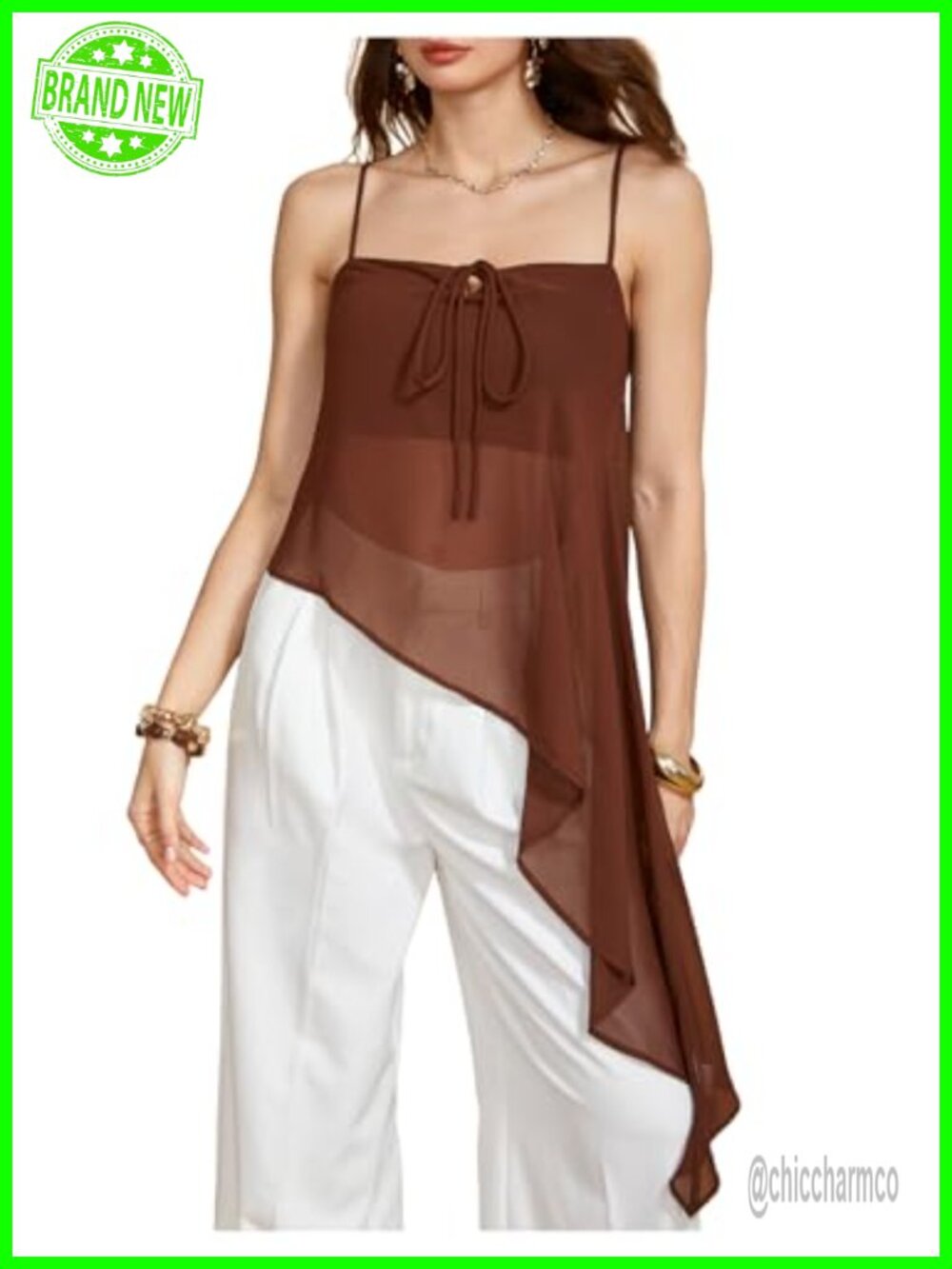 Tie Front Flowy Camisole Asymmetrical Sheer Mesh Cami Top